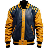 Veste de baseball en cuir de mouton bleu moutarde pour homme